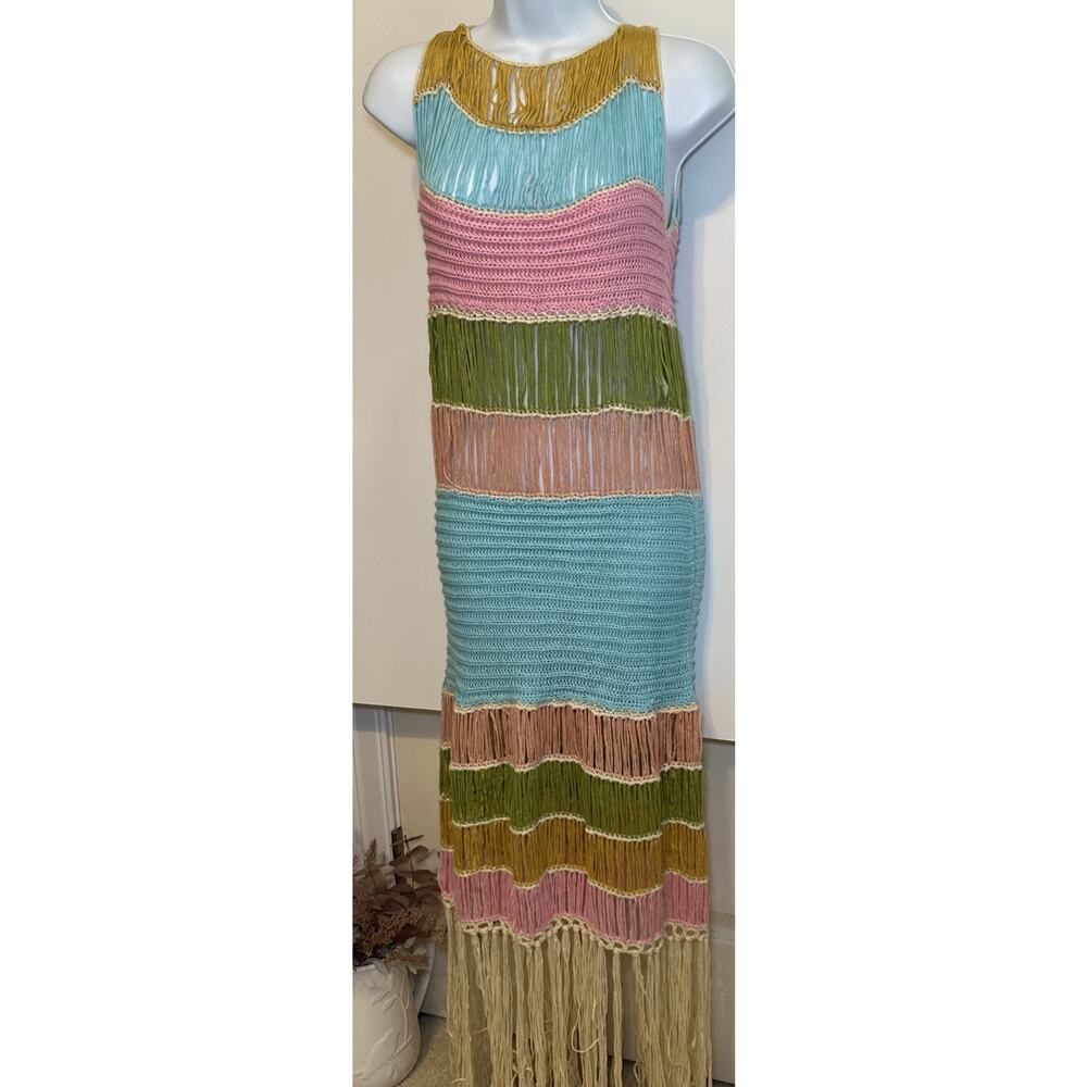 MABLE BOHO FESTIVAL CROCHET INDIE MIDI DRESS SHOW STOPPER FRINGE RESORT WEAR SM - Picture 2 of 7